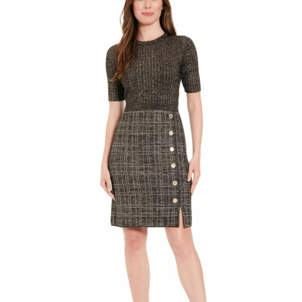 LONDON TIMES Petite Metallic Rib-Knit Tweed Sheath Dress - PM (NWT)